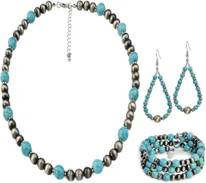 4 PCS Western Turquoise Jewelry for Women Boho Vintage Navajo Pearl Necklace Earring Bracelet Ring Set Country Cowgirl Accessories for Gift