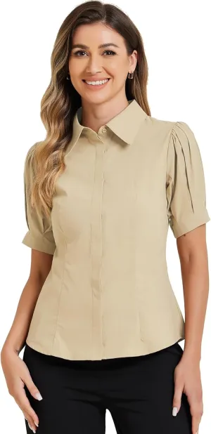 Allegra K Women's Work Office Button Down Shirt Puff Sleeve Collared Short Sleeve Fashion Top
