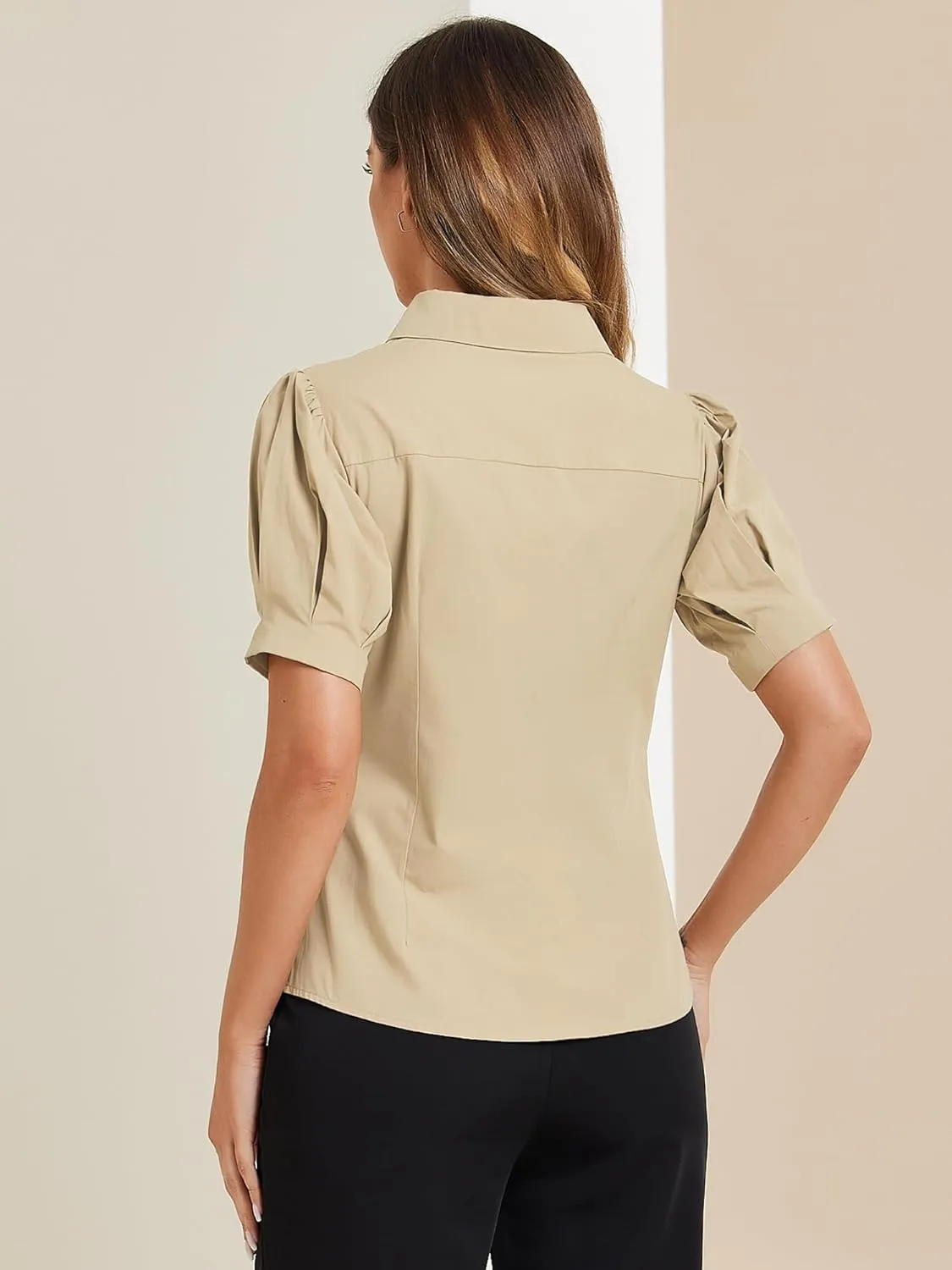 Allegra K Women's Work Office Button Down Shirt Puff Sleeve Collared Short Sleeve Fashion Top