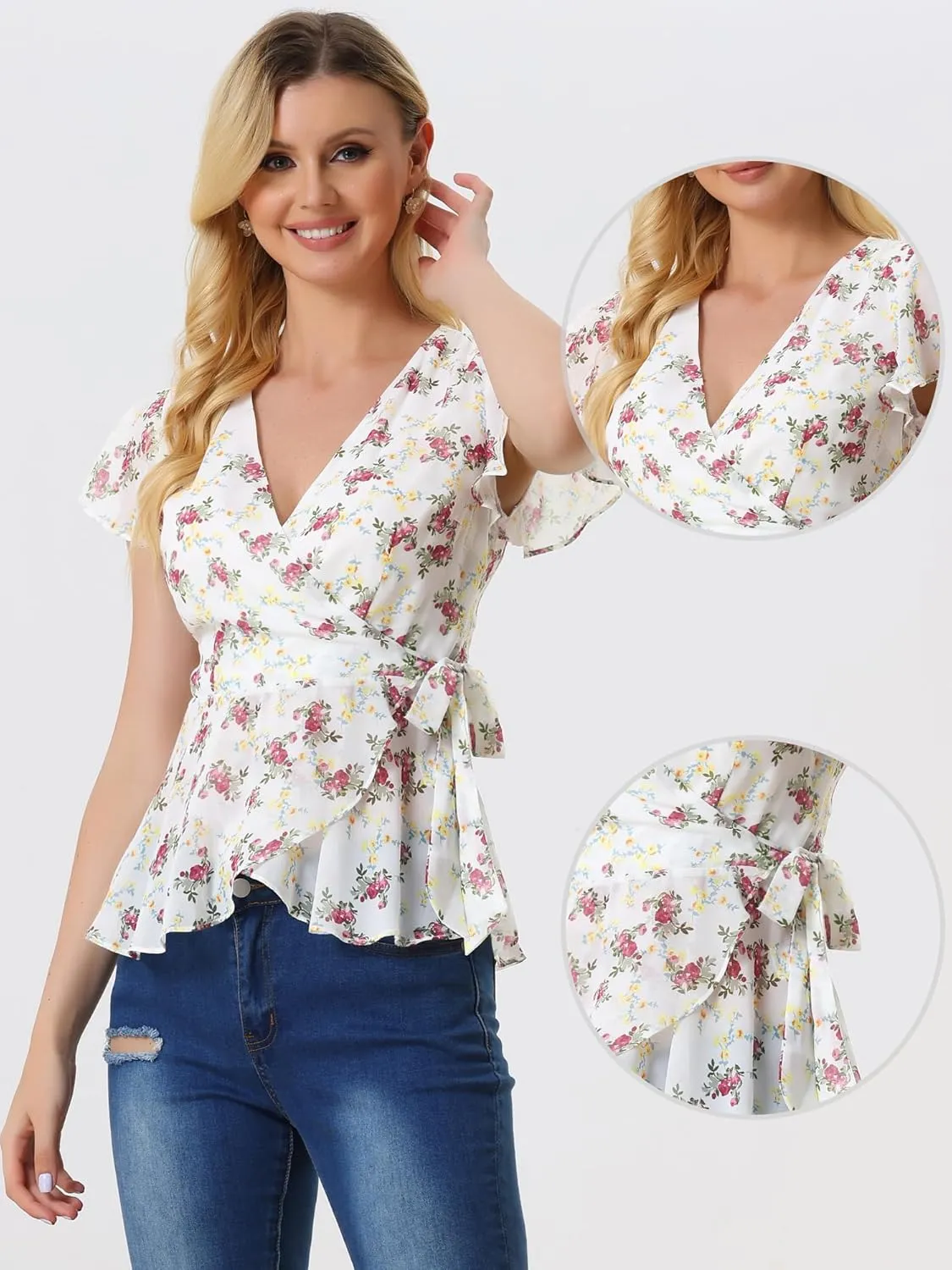 Allegra K Wrap Tops for Women's Floral Printed V Neck Slit Sleeve Tie Waist Peplum Blouse