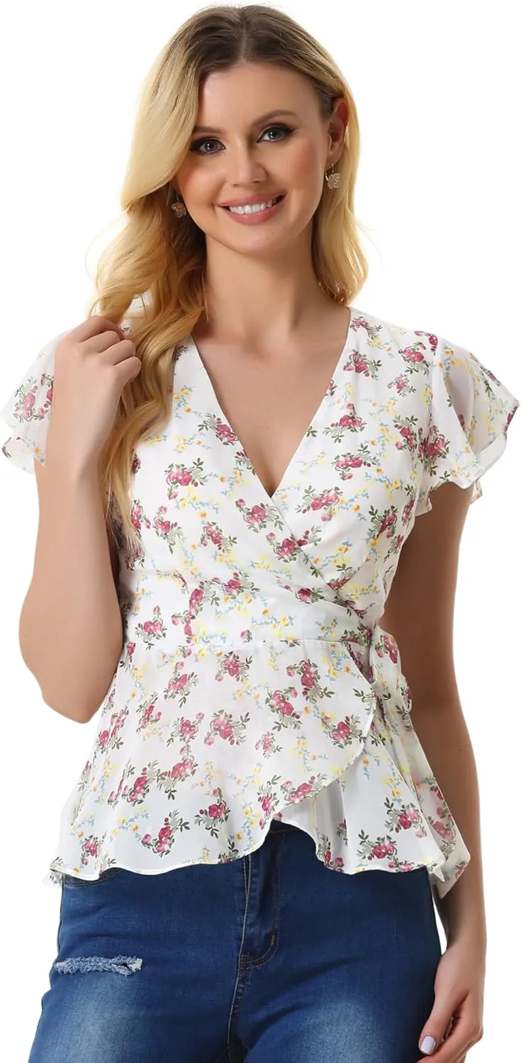 Allegra K Wrap Tops for Women's Floral Printed V Neck Slit Sleeve Tie Waist Peplum Blouse