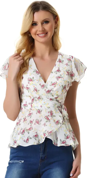 Allegra K Wrap Tops for Women's Floral Printed V Neck Slit Sleeve Tie Waist Peplum Blouse
