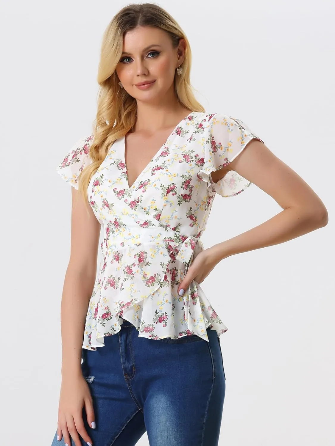 Allegra K Wrap Tops for Women's Floral Printed V Neck Slit Sleeve Tie Waist Peplum Blouse