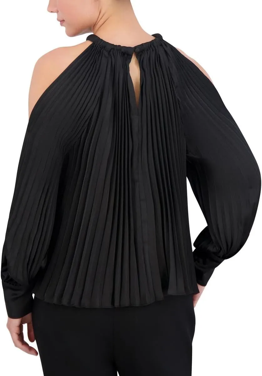 BCBGMAXAZRIA Women's Cold Shoulder Long Sleeve Crew Neck Pleated Satin Blouse