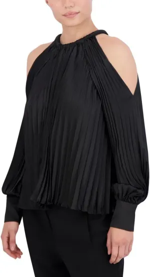 BCBGMAXAZRIA Women's Cold Shoulder Long Sleeve Crew Neck Pleated Satin Blouse
