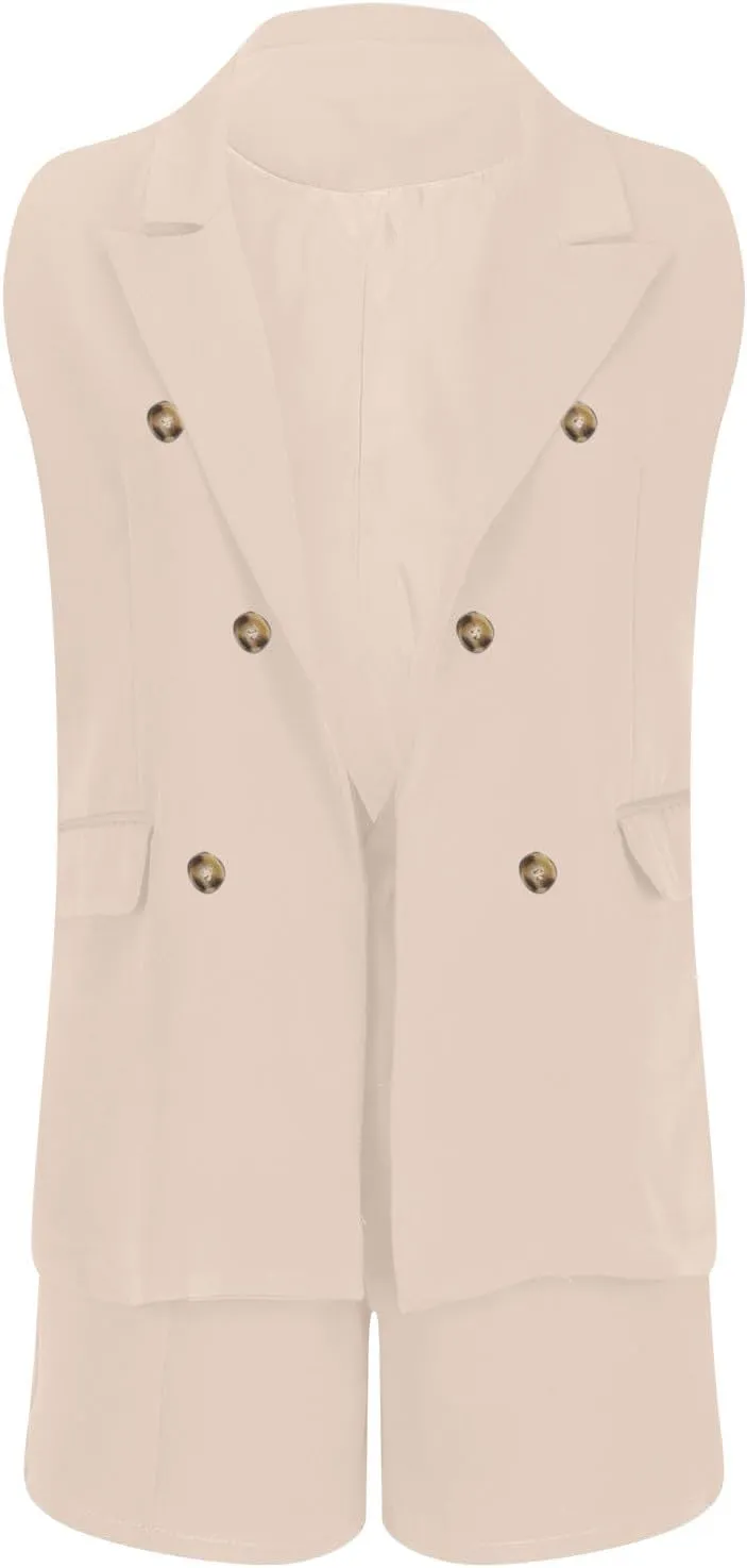 Binmer Women's Casual Sleeveless Blazer Vest Shorts Sets Double Breasted V Neck Office 2 Piece Lounge Matching Outfits Sets