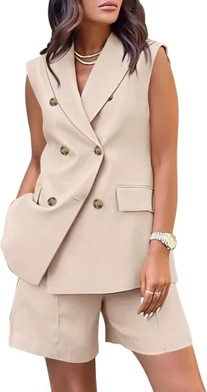 Binmer Women's Casual Sleeveless Blazer Vest Shorts Sets Double Breasted V Neck Office 2 Piece Lounge Matching Outfits Sets