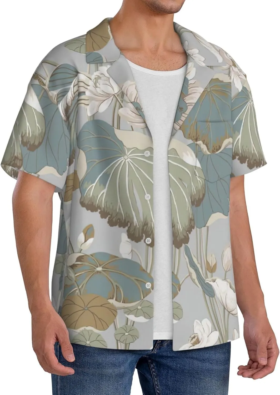 Black Lily Pads Print Men's Fashionable Cuban Collar Shirts for Tropical Parties and Casual Occasions