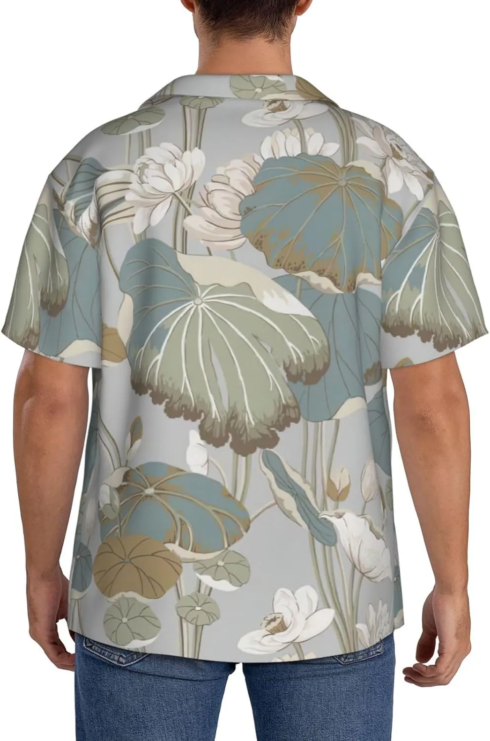 Black Lily Pads Print Men's Fashionable Cuban Collar Shirts for Tropical Parties and Casual Occasions
