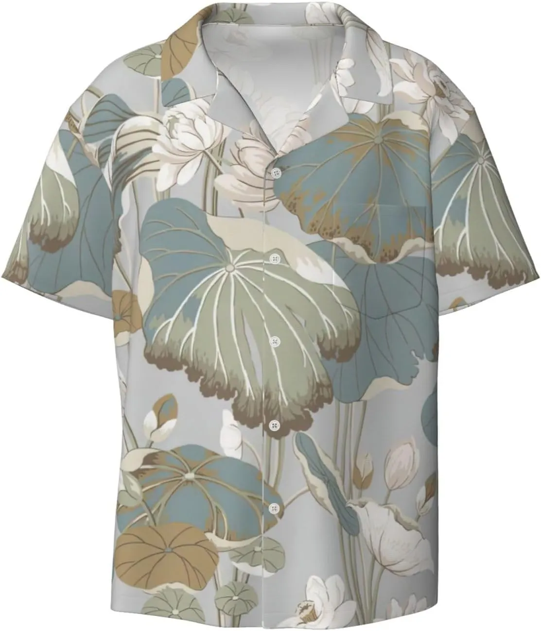 Black Lily Pads Print Men's Fashionable Cuban Collar Shirts for Tropical Parties and Casual Occasions
