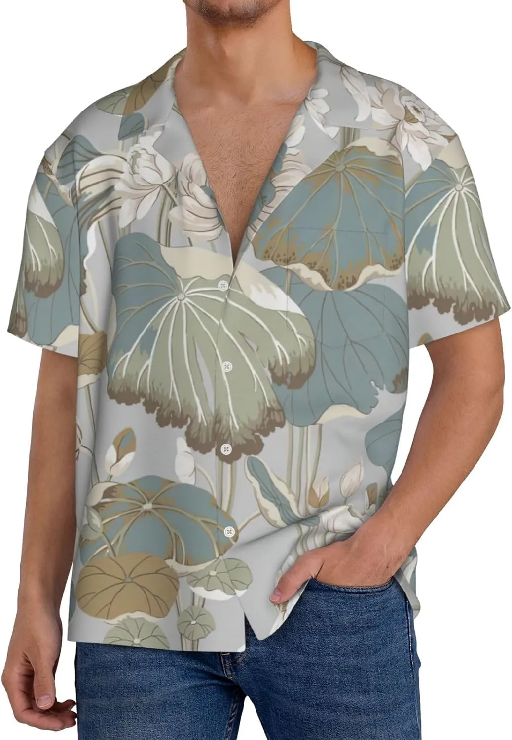 Black Lily Pads Print Men's Fashionable Cuban Collar Shirts for Tropical Parties and Casual Occasions