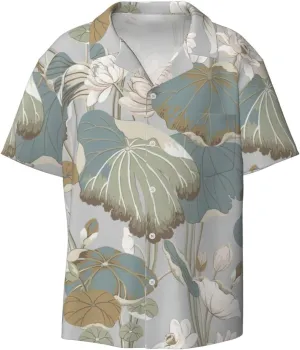 Black Lily Pads Print Men's Fashionable Cuban Collar Shirts for Tropical Parties and Casual Occasions