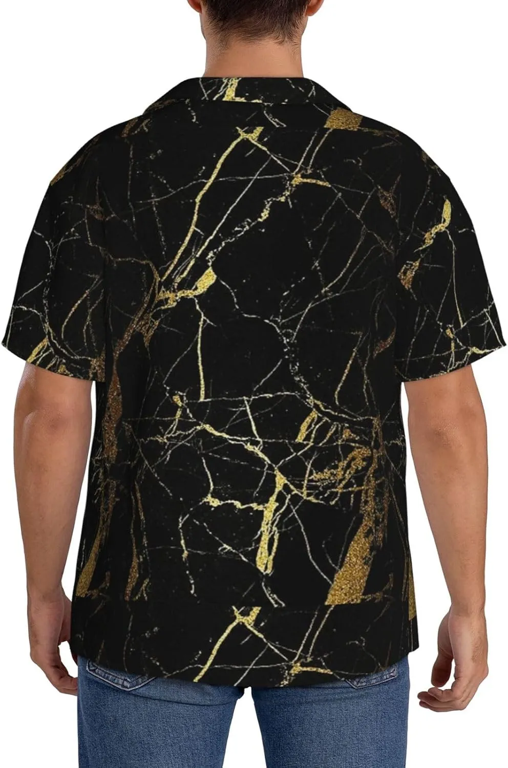 BREAUX Black Gold Marble Print Men's Fashionable Cuban Collar Shirts for Tropical Parties and Casual Occasions