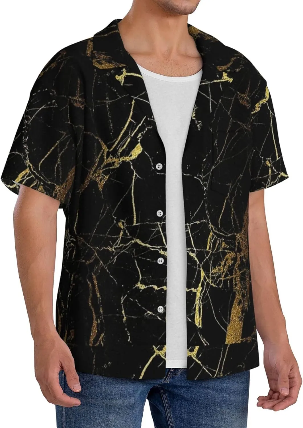 BREAUX Black Gold Marble Print Men's Fashionable Cuban Collar Shirts for Tropical Parties and Casual Occasions