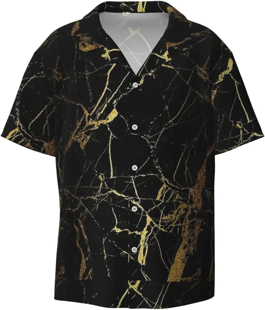 BREAUX Black Gold Marble Print Men's Fashionable Cuban Collar Shirts for Tropical Parties and Casual Occasions