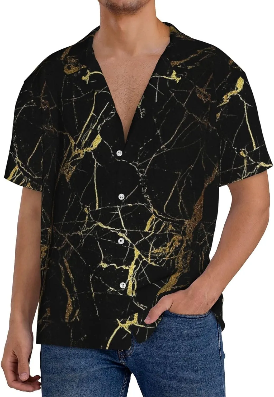 BREAUX Black Gold Marble Print Men's Fashionable Cuban Collar Shirts for Tropical Parties and Casual Occasions
