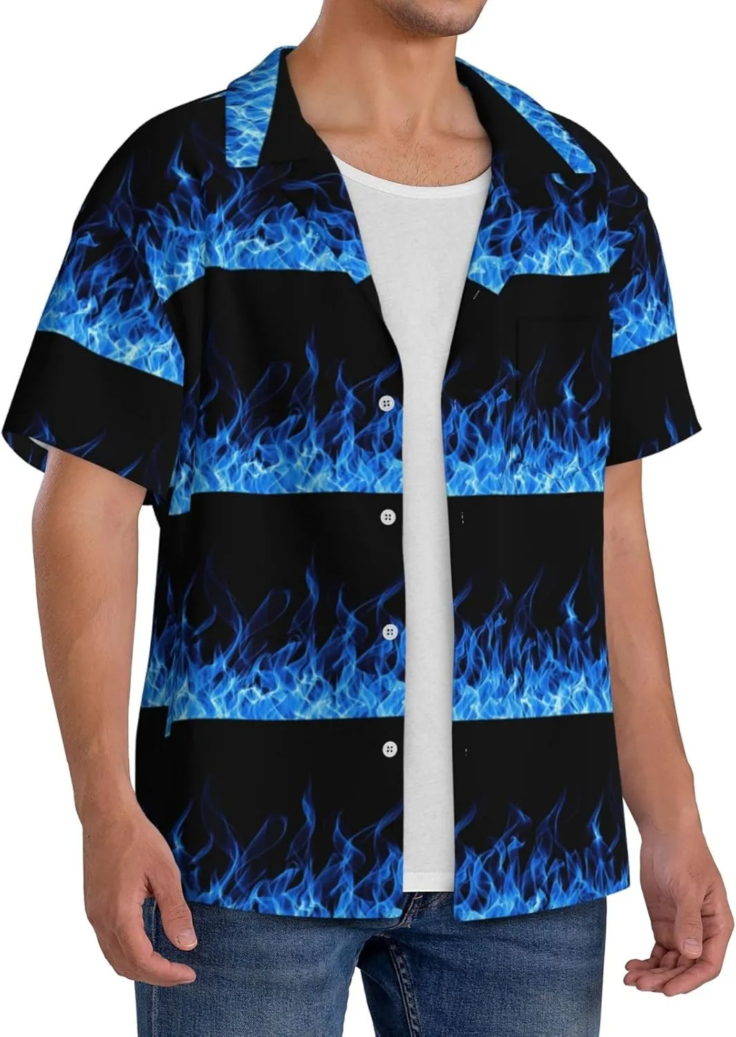 BREAUX Blue Flame Print Men's Fashionable Cuban Collar Shirts for Tropical Parties and Casual Occasions