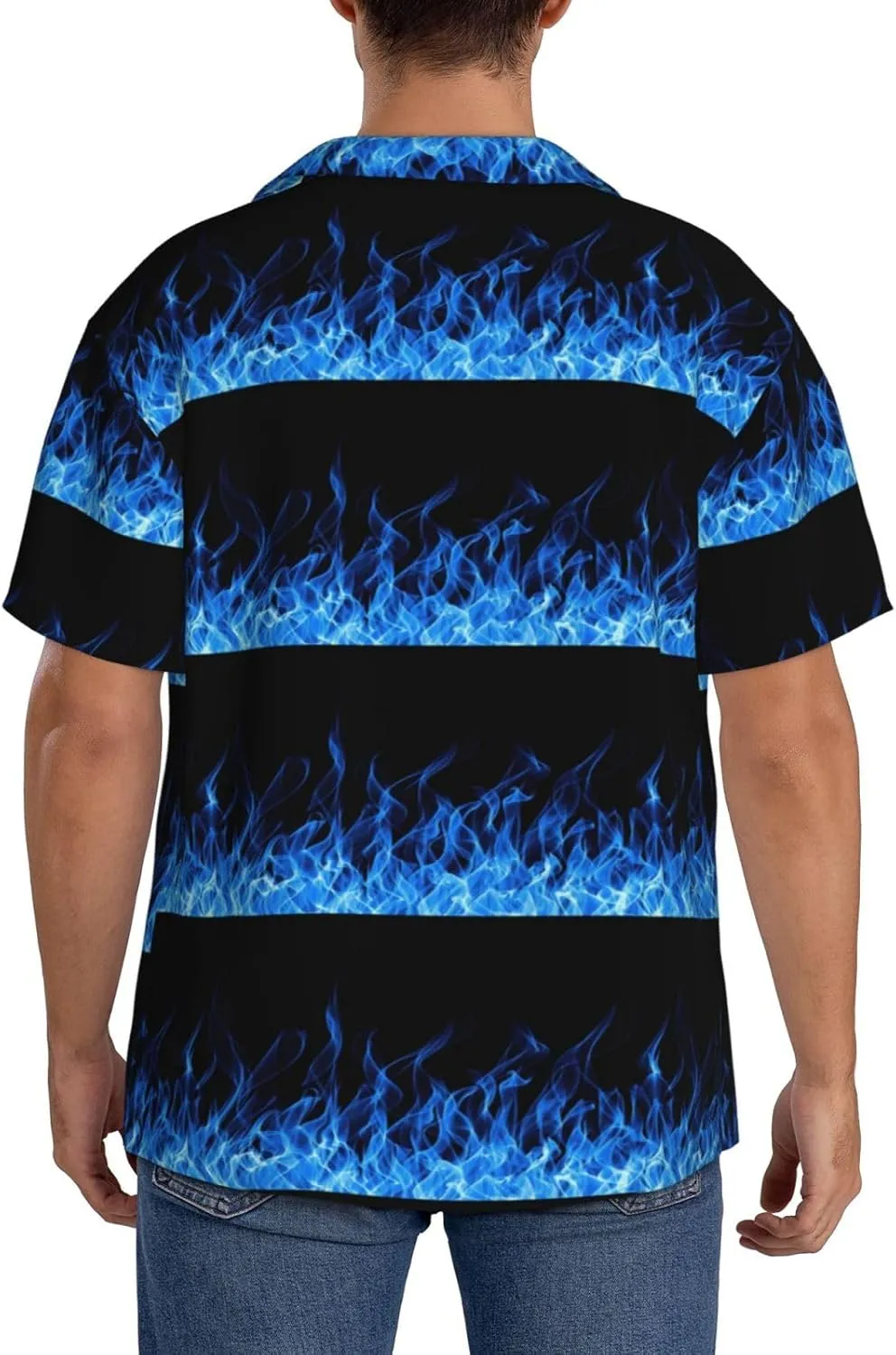 BREAUX Blue Flame Print Men's Fashionable Cuban Collar Shirts for Tropical Parties and Casual Occasions