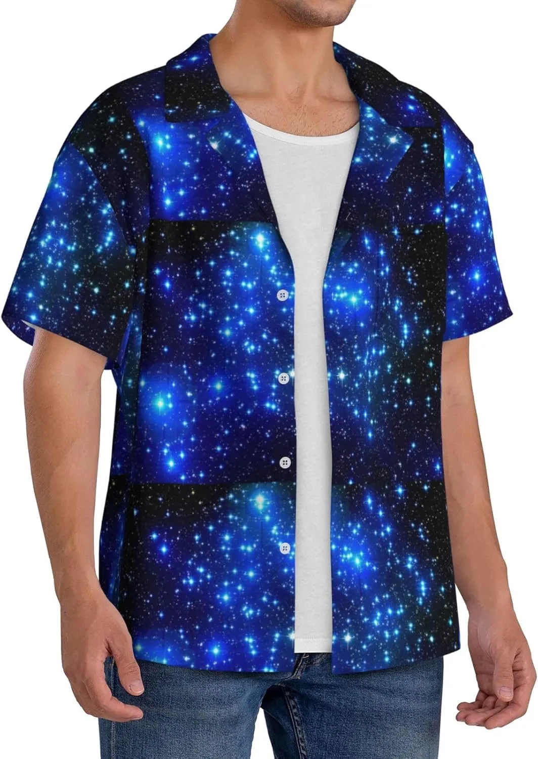 BREAUX Blue Shining Stars Print Men's Fashionable Cuban Collar Shirts for Tropical Parties and Casual Occasions