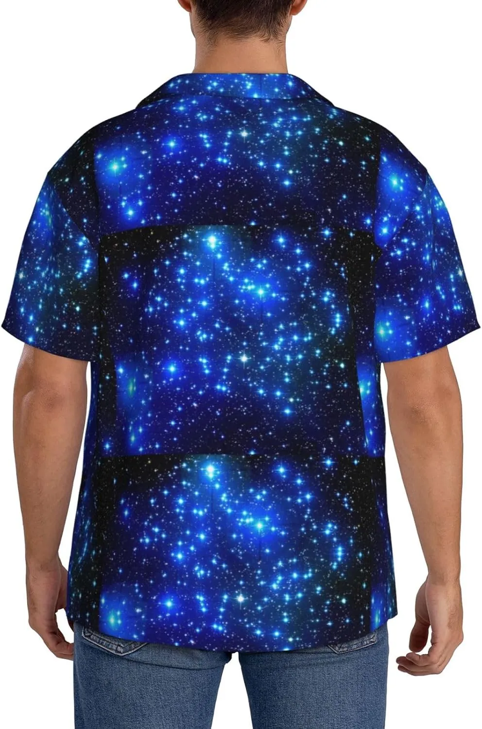 BREAUX Blue Shining Stars Print Men's Fashionable Cuban Collar Shirts for Tropical Parties and Casual Occasions