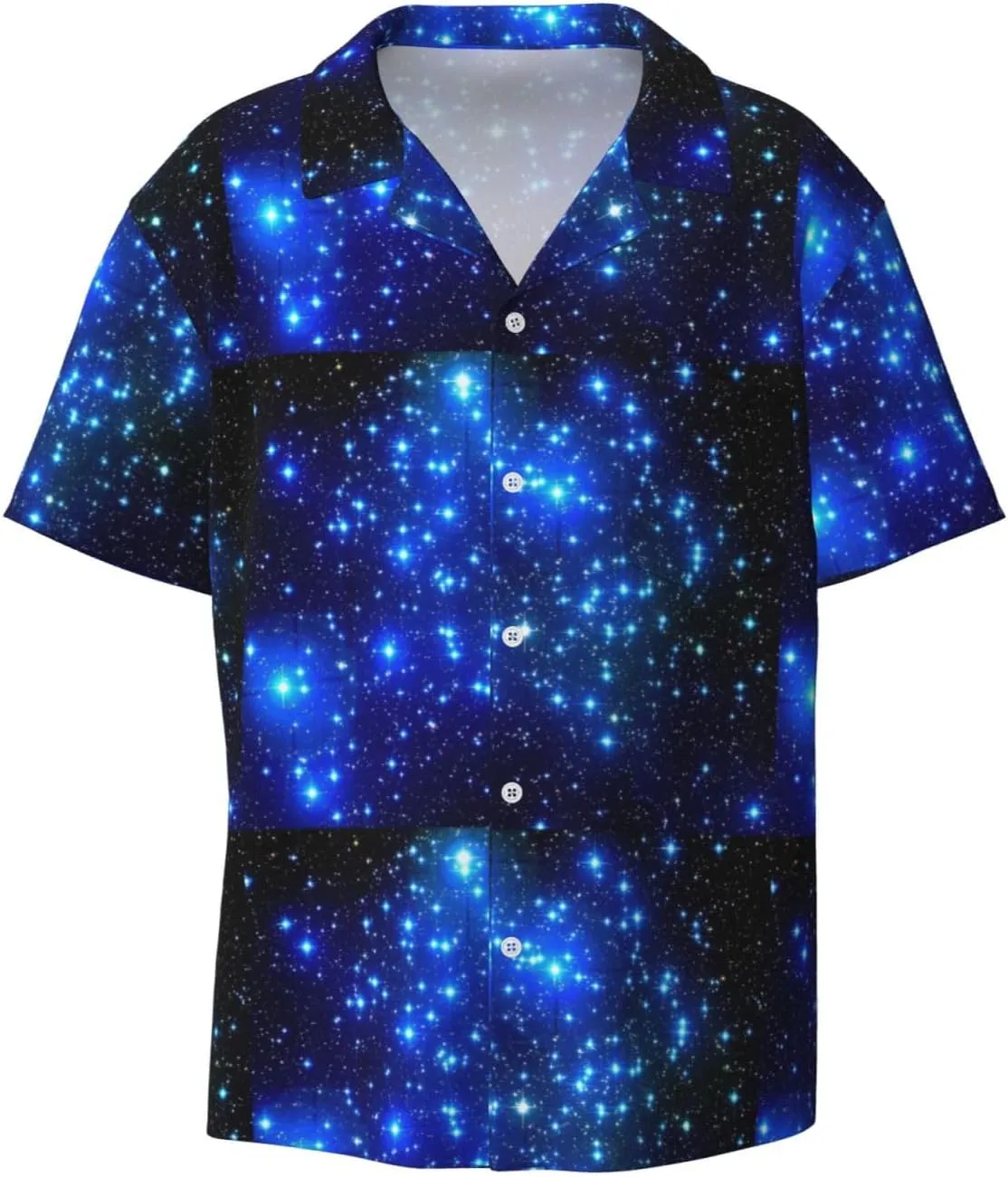 BREAUX Blue Shining Stars Print Men's Fashionable Cuban Collar Shirts for Tropical Parties and Casual Occasions