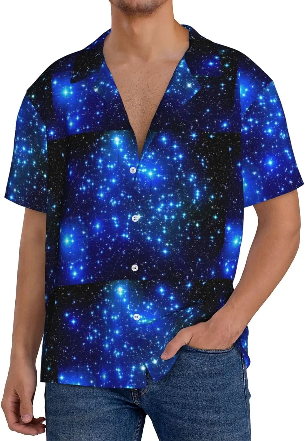 BREAUX Blue Shining Stars Print Men's Fashionable Cuban Collar Shirts for Tropical Parties and Casual Occasions