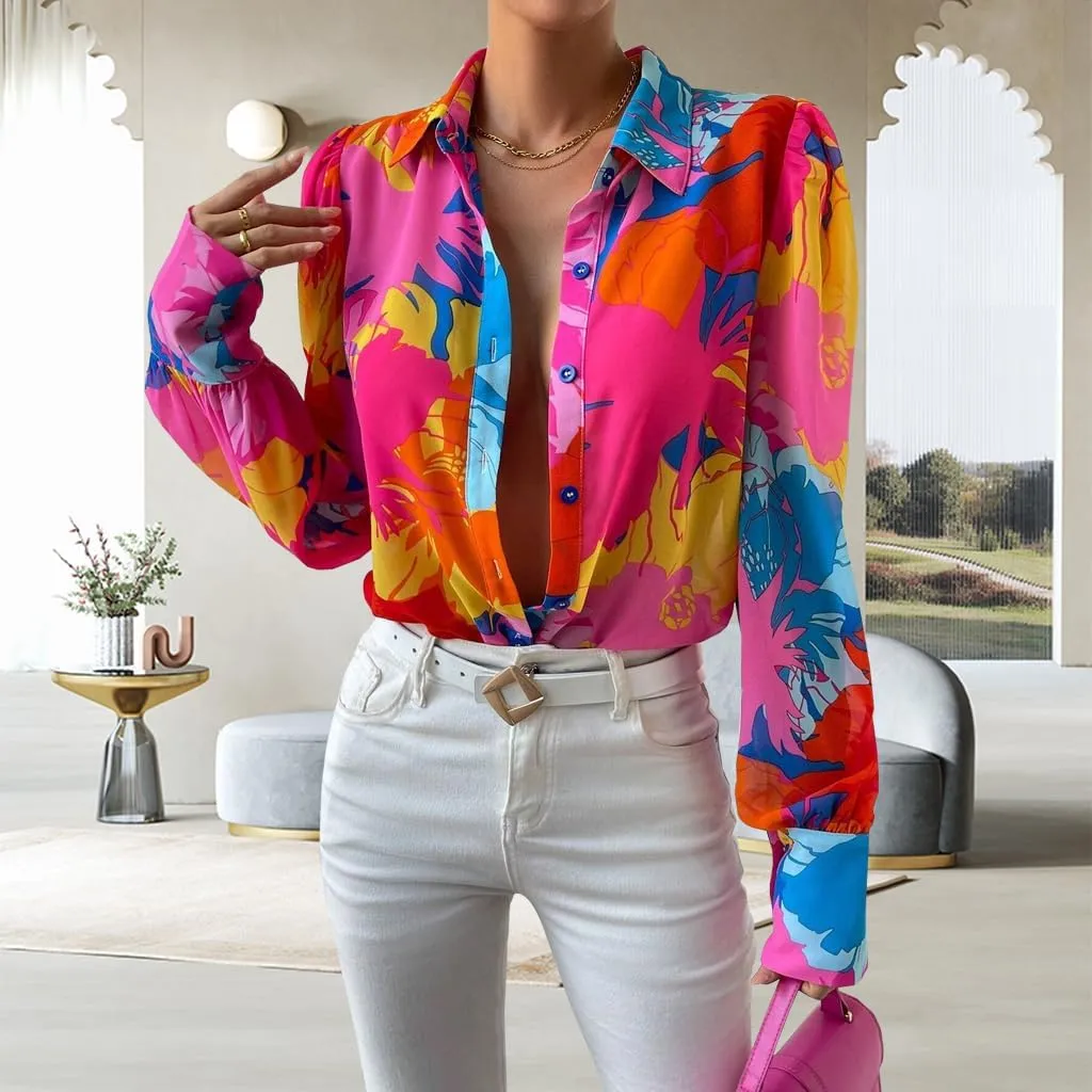Button Down Shirts for Women Dressy Lantern Long Sleeve Blouses Printed Casual Loose Colorful Blouse Work Tops