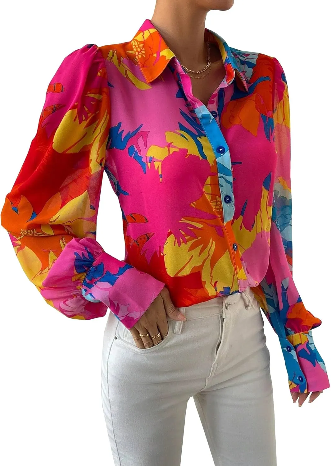 Button Down Shirts for Women Dressy Lantern Long Sleeve Blouses Printed Casual Loose Colorful Blouse Work Tops