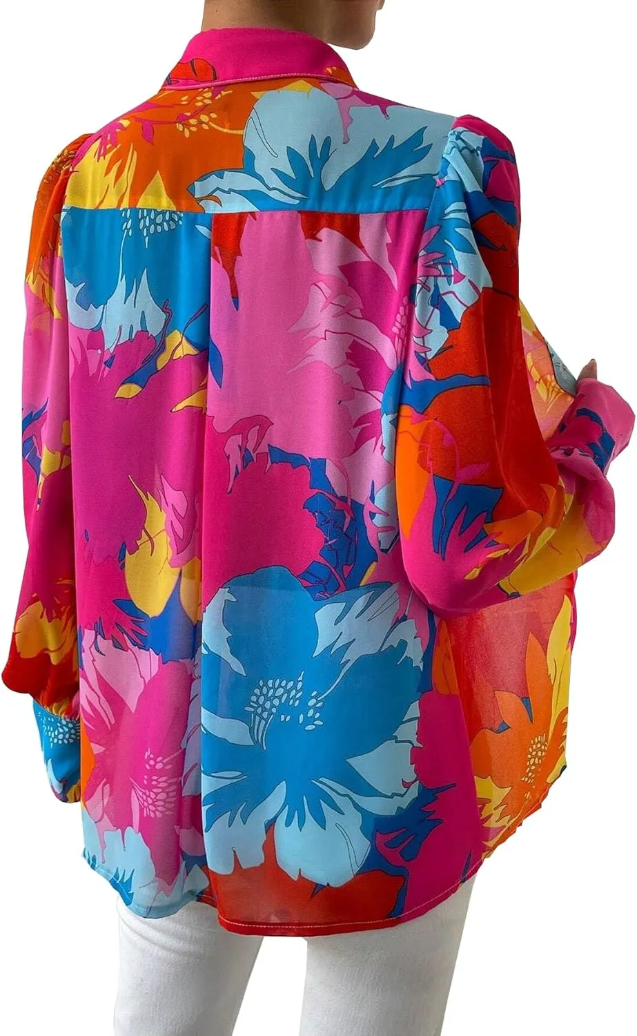 Button Down Shirts for Women Dressy Lantern Long Sleeve Blouses Printed Casual Loose Colorful Blouse Work Tops