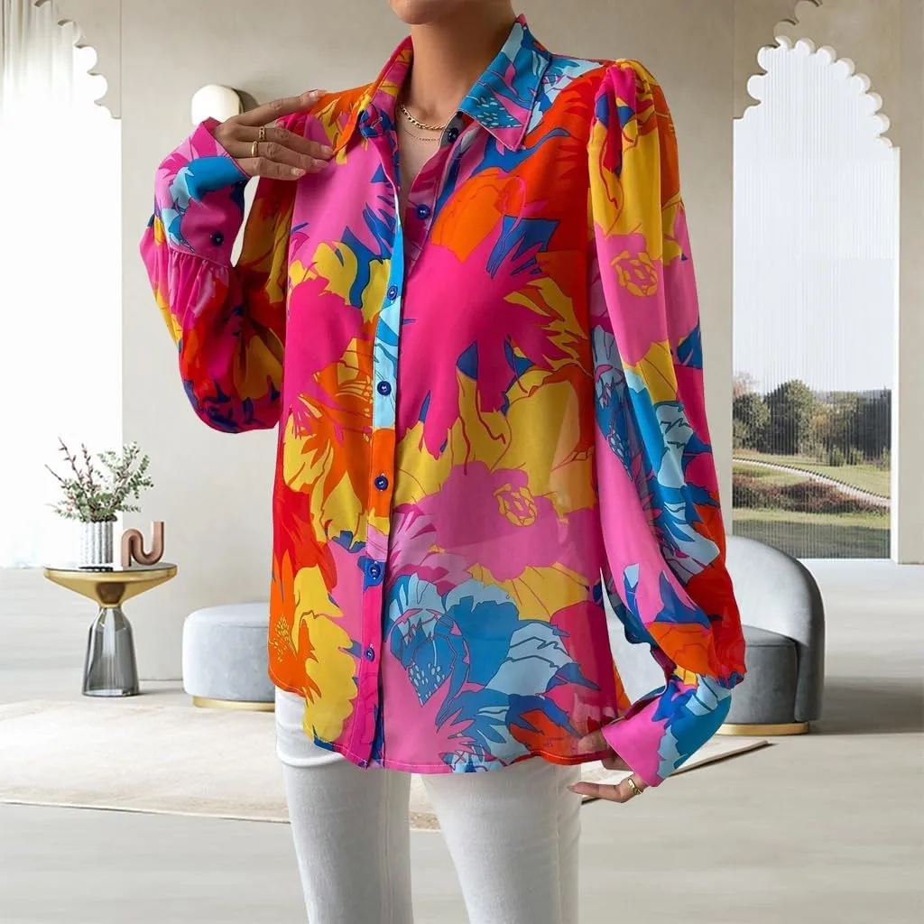 Button Down Shirts for Women Dressy Lantern Long Sleeve Blouses Printed Casual Loose Colorful Blouse Work Tops