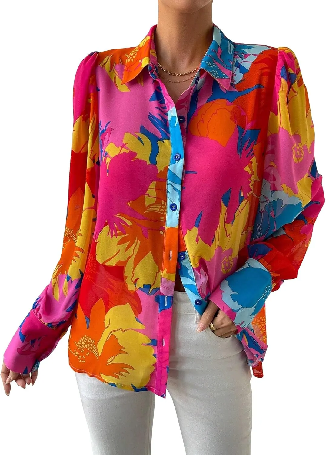 Button Down Shirts for Women Dressy Lantern Long Sleeve Blouses Printed Casual Loose Colorful Blouse Work Tops