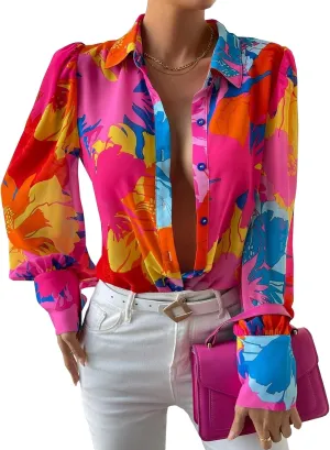 Button Down Shirts for Women Dressy Lantern Long Sleeve Blouses Printed Casual Loose Colorful Blouse Work Tops