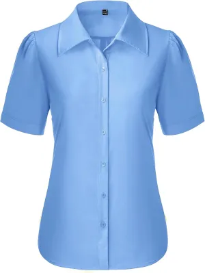Button Down Shirts for Women Puff Short Sleeve Button Up Dress Shirts Collared Fitted Blouse Work Business Top