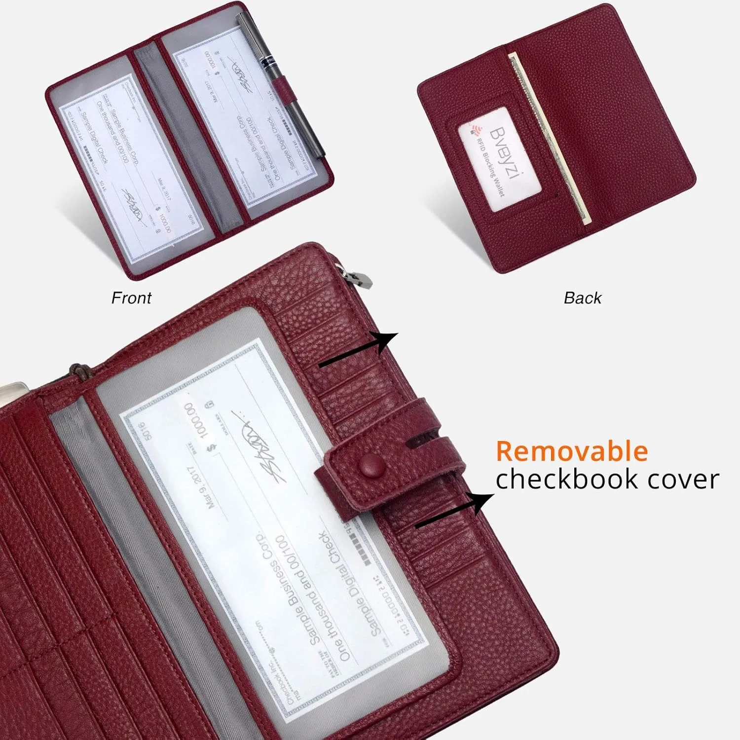 Bveyzi Women's Big Fat Rfid Leather Wristlet Wallet Organizer Large Phone Checkbook Holder with Zipper Pocket (Wine Red)
