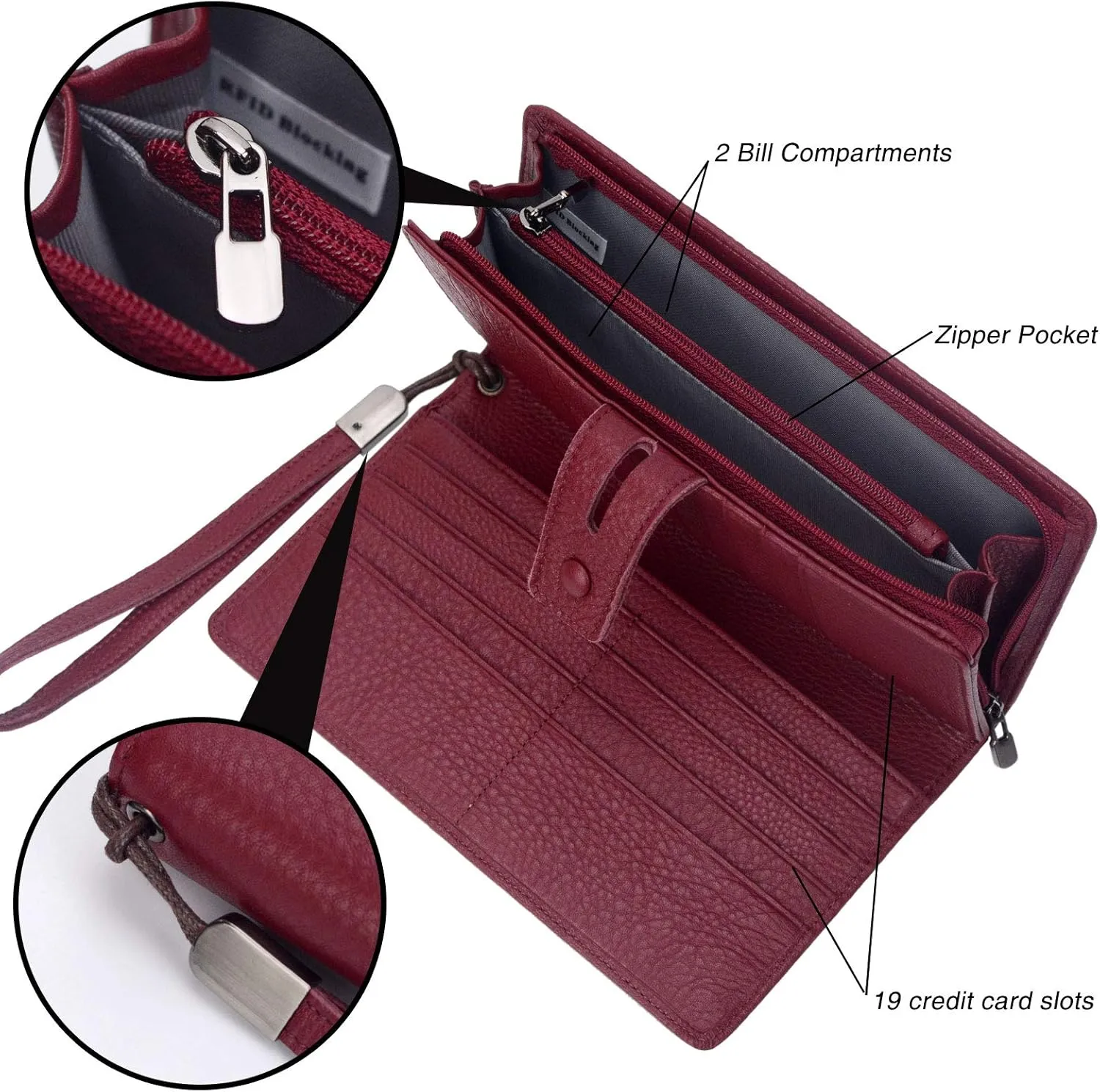 Bveyzi Women's Big Fat Rfid Leather Wristlet Wallet Organizer Large Phone Checkbook Holder with Zipper Pocket (Wine Red)