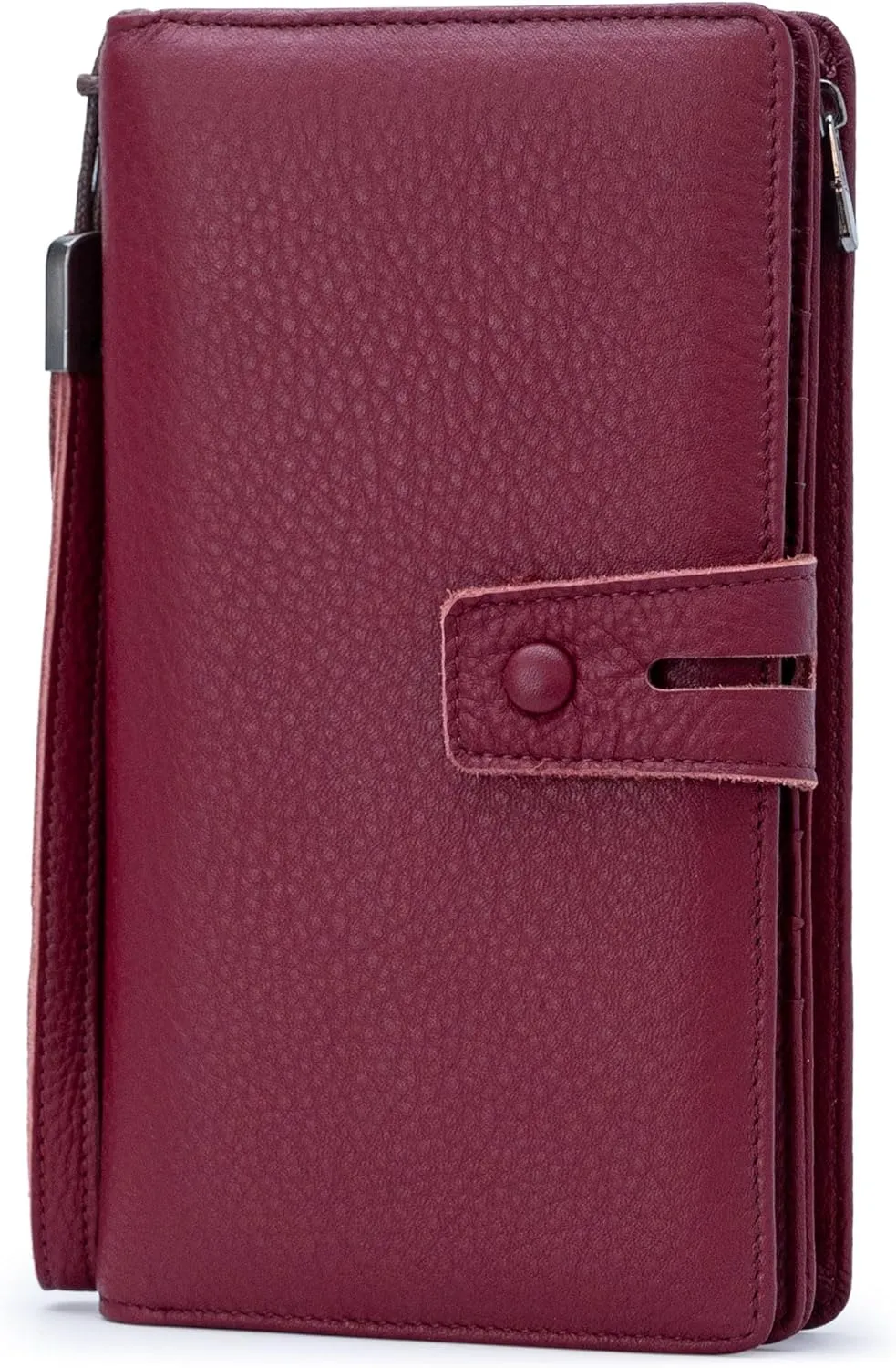 Bveyzi Women's Big Fat Rfid Leather Wristlet Wallet Organizer Large Phone Checkbook Holder with Zipper Pocket (Wine Red)