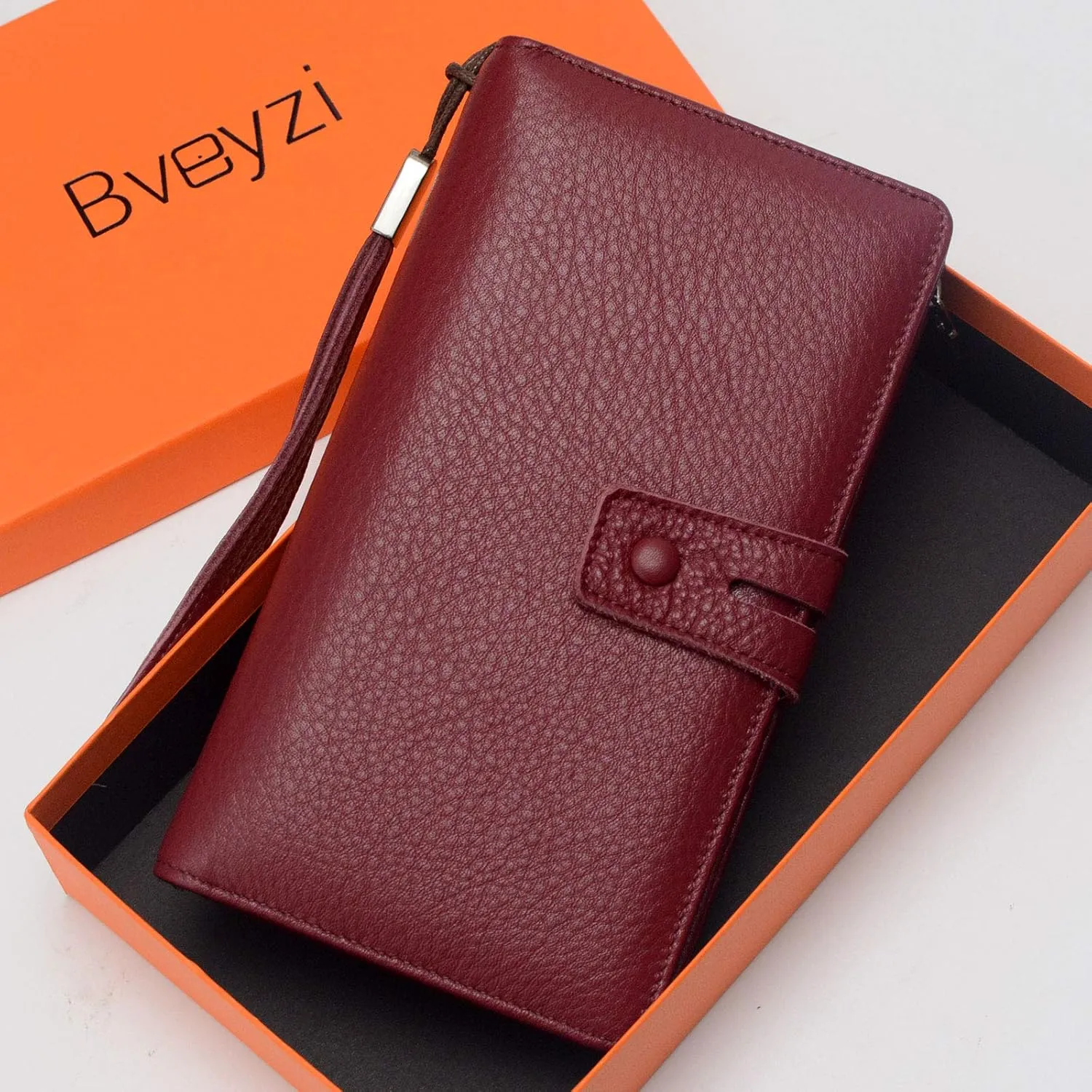 Bveyzi Women's Big Fat Rfid Leather Wristlet Wallet Organizer Large Phone Checkbook Holder with Zipper Pocket (Wine Red)
