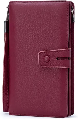 Bveyzi Women's Big Fat Rfid Leather Wristlet Wallet Organizer Large Phone Checkbook Holder with Zipper Pocket (Wine Red)