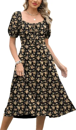 Caracilia Women Summer Boho Midi Dresses Puff Sleeve Square Neck Floral Bridal Shower Wedding Guest Flowy Sundress