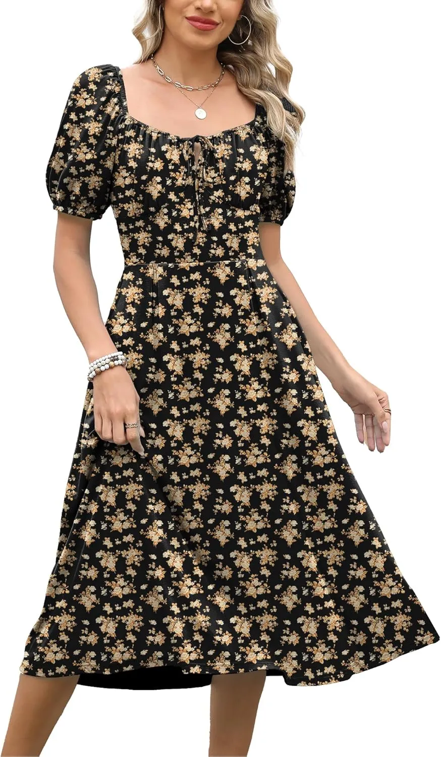 Caracilia Women Summer Boho Midi Dresses Puff Sleeve Square Neck Floral Bridal Shower Wedding Guest Flowy Sundress