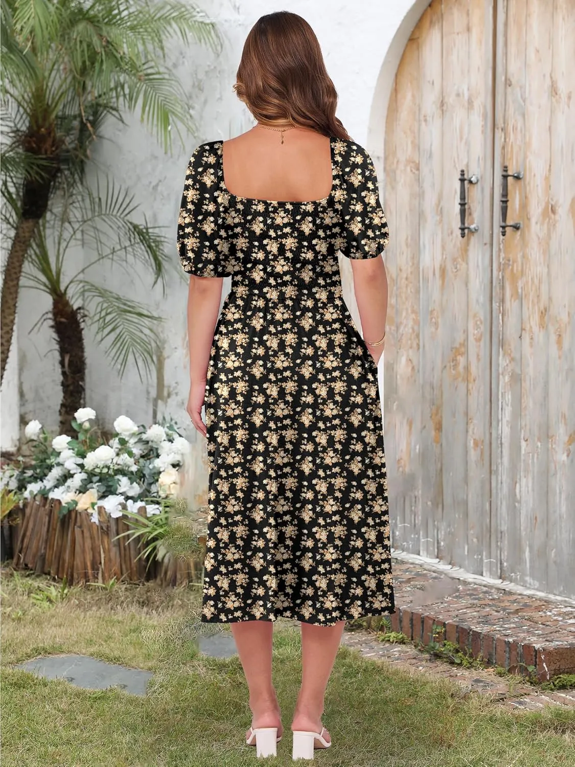 Caracilia Women Summer Boho Midi Dresses Puff Sleeve Square Neck Floral Bridal Shower Wedding Guest Flowy Sundress