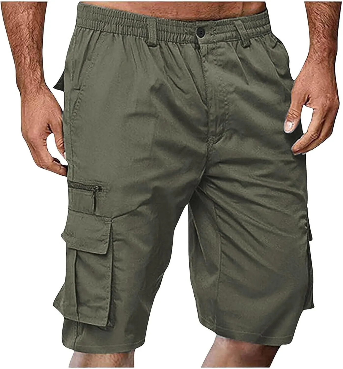 Cargo Shorts for Men Big and Tall Casual Summer Hiking Pants Elastic Waist Knee Length Bermuda Shorts with Pockets