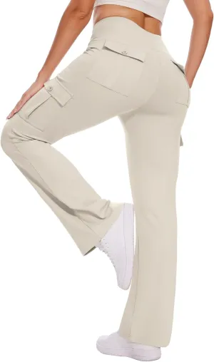 Cargo Yoga Pants Women with Pockets Flared Leggings High Waist Casual Work Travel Bootcut Pants, Khaki(M)