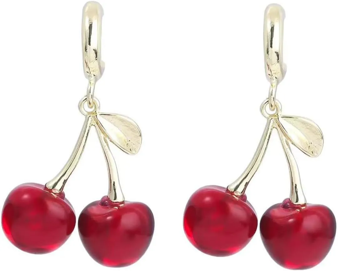 Cherry Earrings For Women 18k Gold Plated Fruit Charm Leaf Red Funny Drop Dangle Hoop Earrings jewelry Gift