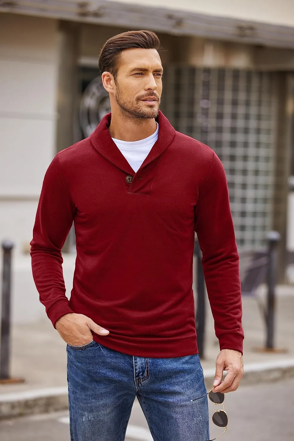 COOFANDY Men's Fashion Shawl Collar Pullover Casual Long Sleeve Knitted Sweater Sweatshirts