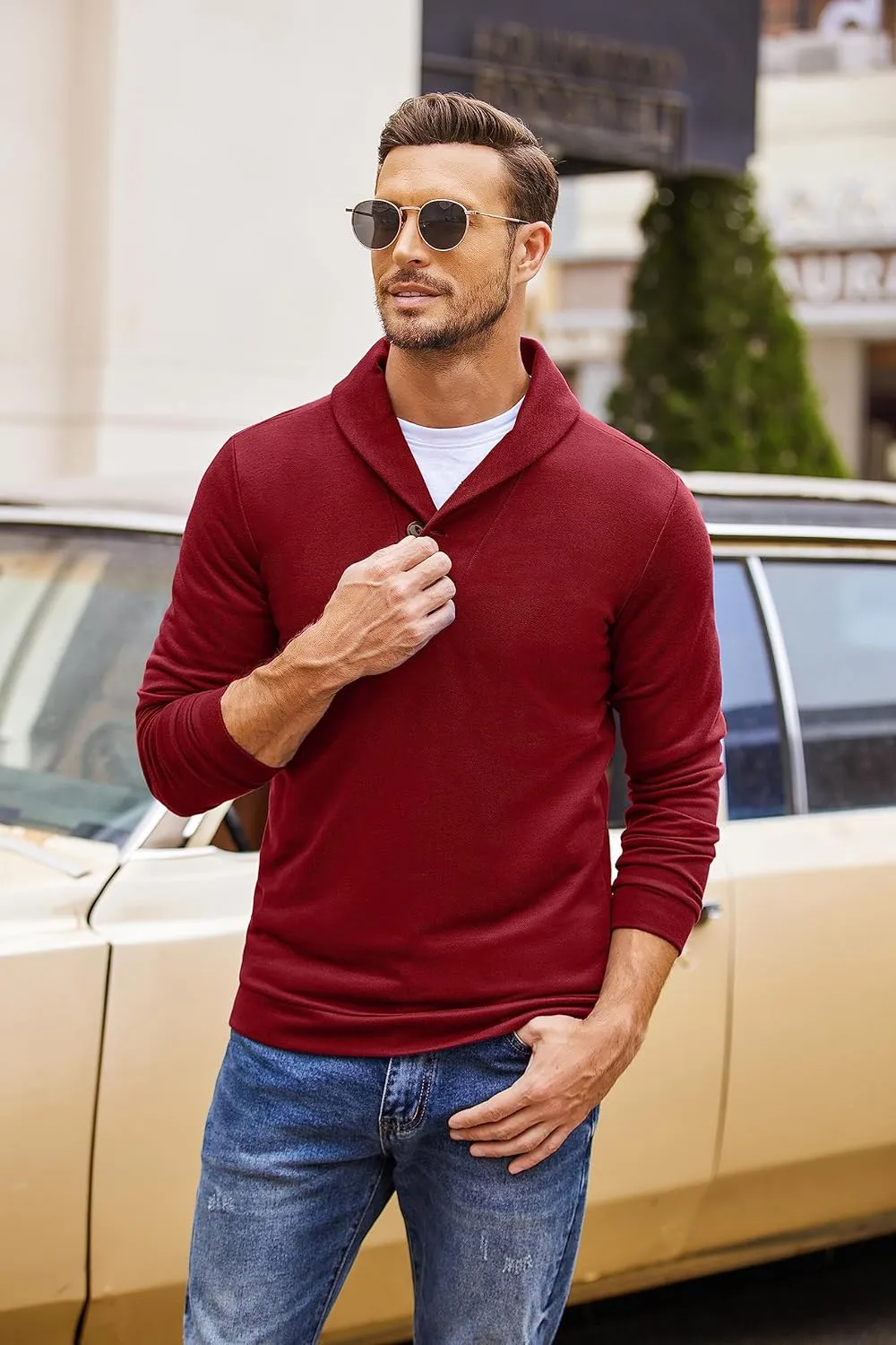 COOFANDY Men's Fashion Shawl Collar Pullover Casual Long Sleeve Knitted Sweater Sweatshirts