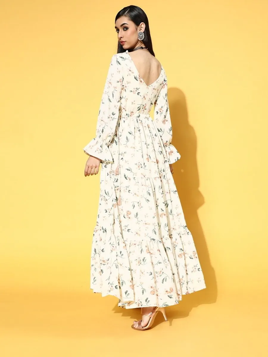 Cream Polyester Partywear Floral Dresses