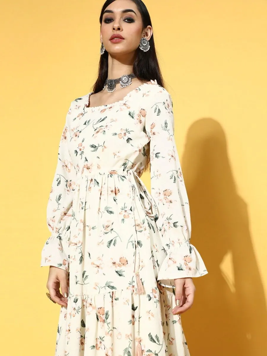 Cream Polyester Partywear Floral Dresses