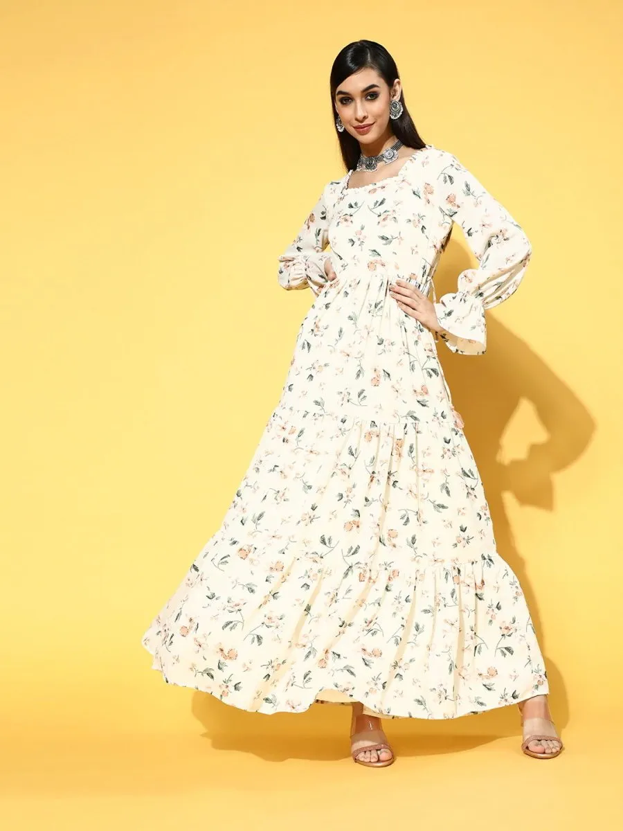Cream Polyester Partywear Floral Dresses