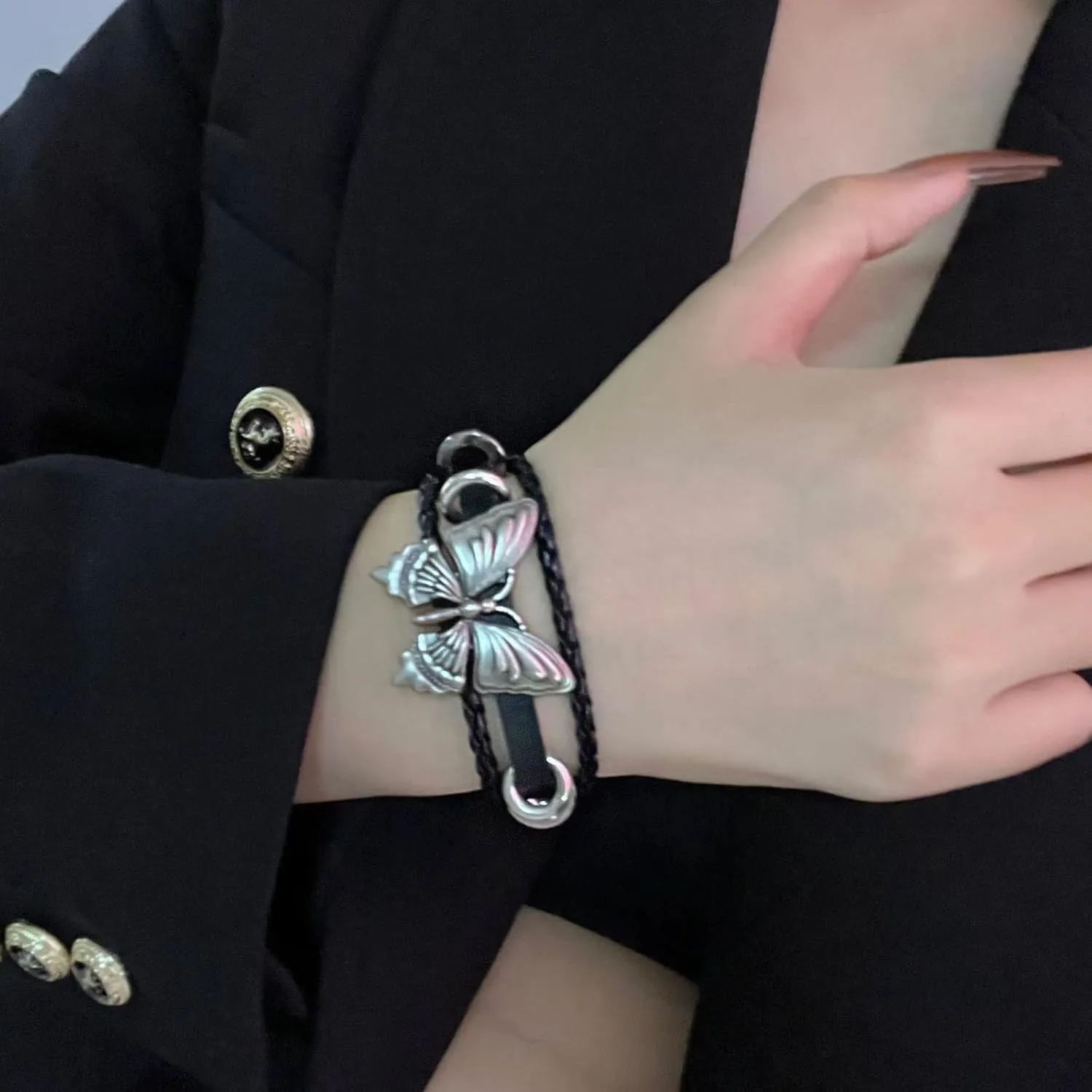 Cuff Bracelet for Women Trendy Pop Punk Grunge Retro Butterfly Faux Leather Rivet Silver Black Chocker Set Adjustable